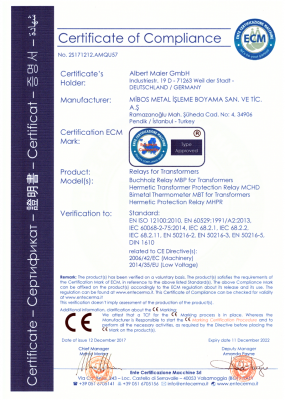 certificate of compliance Relays of Transformers